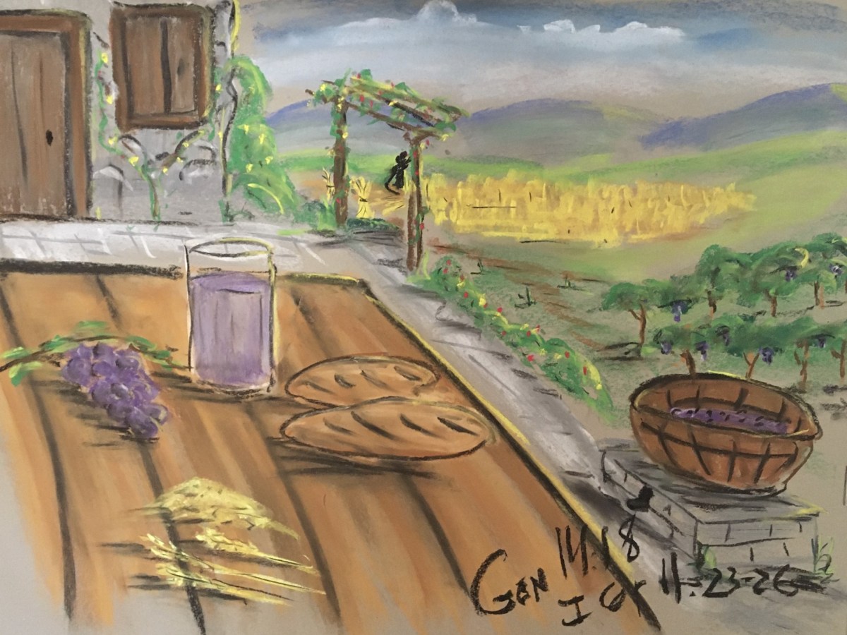 L&rsquo;Evangile illustrée: le pain et le vin (jus de&nbsp;raisin)